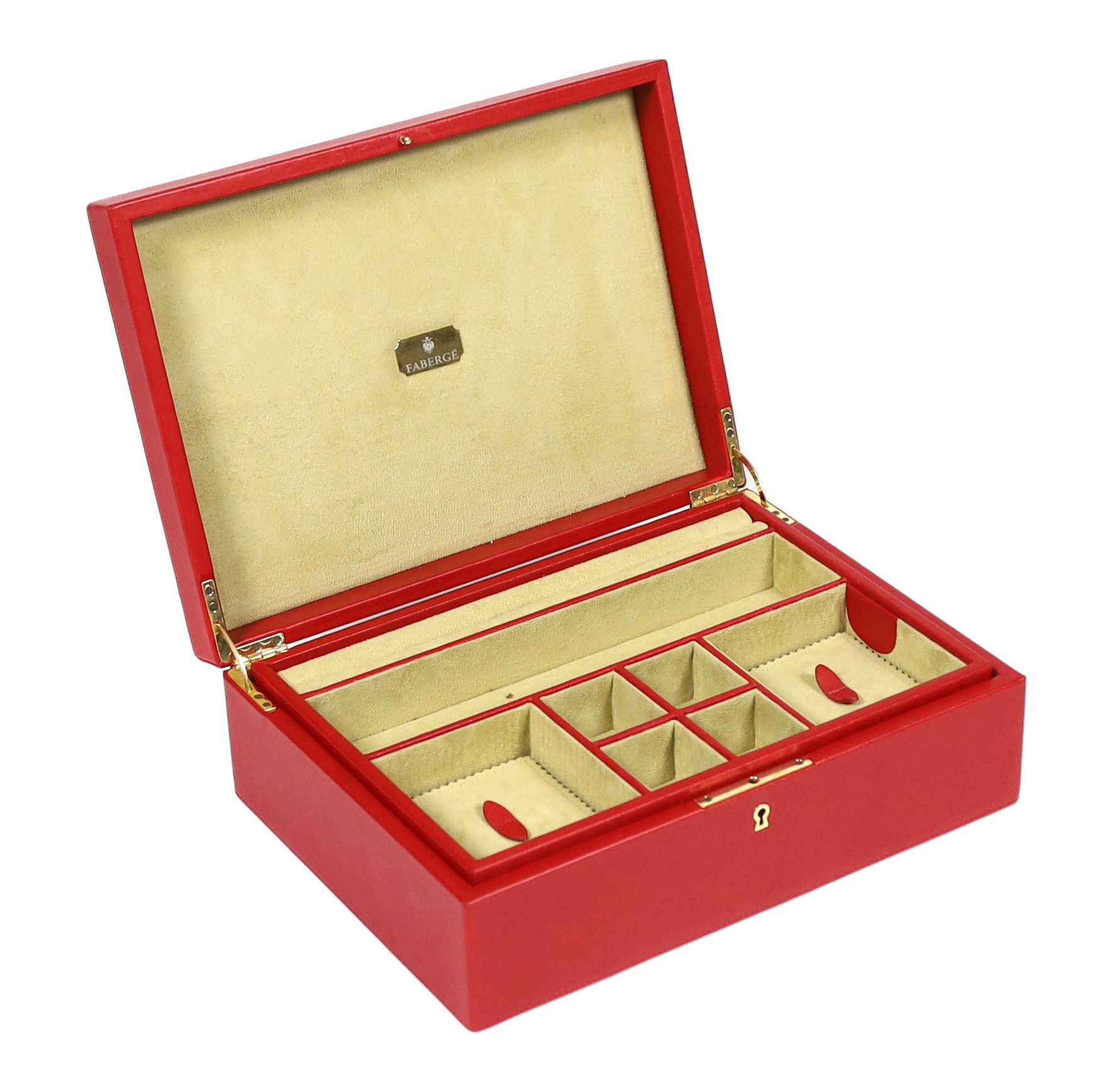 A Fabergé cased red leather jewellery box, width 33cm